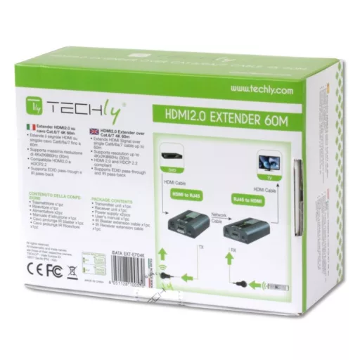 Jeltovábbító, Techly HDMI extender 4K, Cat.6/6A/7, 60 méter, IR