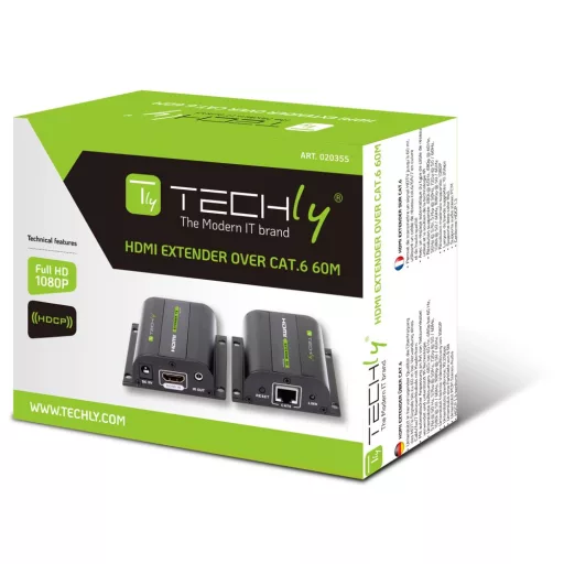 Jeltovábbító, Techly HDMI extender, Cat.6, 60 méter, IR