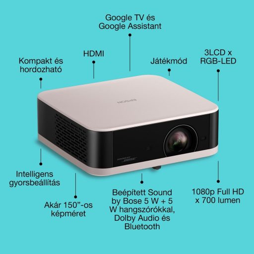 Miniprojektor, Epson Lifestudio Pop EF-61R, LCD, RGB-LED, HD1080 felbontás, 16:9 képarány, Google TV, Házimozis
