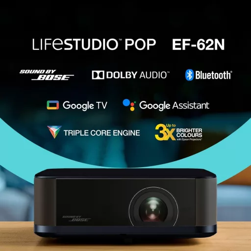 Miniprojektor, Epson Lifestudio Pop EF-62N, LCD, RGB-LED, 4K PRO-UHD felbontás, 16:9 képarány, Google TV, Házimozis