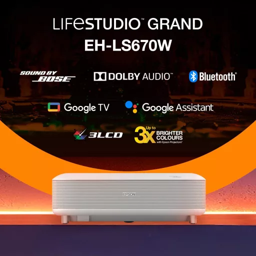 Projektor, Epson EH-LS670W LCD, Lézer, 4K PRO-UHD felbontás, 16:9 képarány, Házimozis