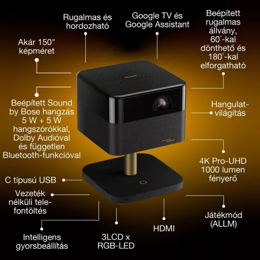 Projektor, Epson Lifestudio Flex Special Lux Edition EF-73, LCD, RGB-LED, 4K PRO-UHD felbontás, 16:9 képarány, Google TV, Házimozis